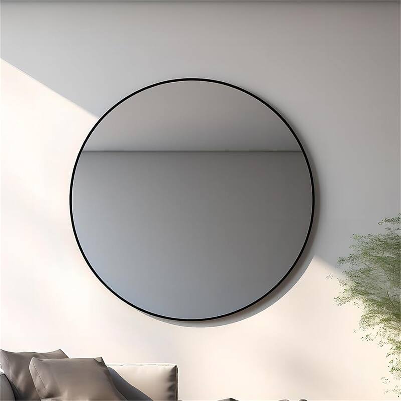 42" Metal Framed Round Mirror with Shatterproof Film and Hooks