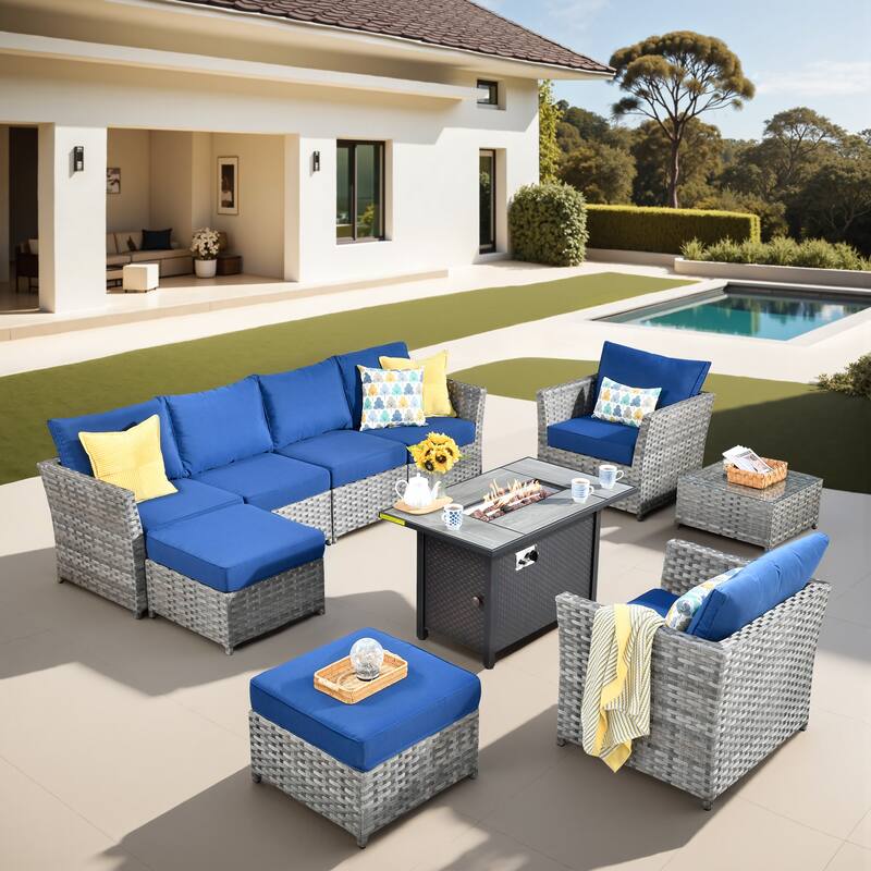 XIZZI 10-piece Patio Furniture Outdoor Sectional Sofa Set with Fire Pit - Navy Blue