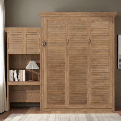 Queen Murphy Wall Bed with Storage Shelves, Louvered Design, Solid Pine/MDF, 600 lb Capacity, 8-10 in Mattress