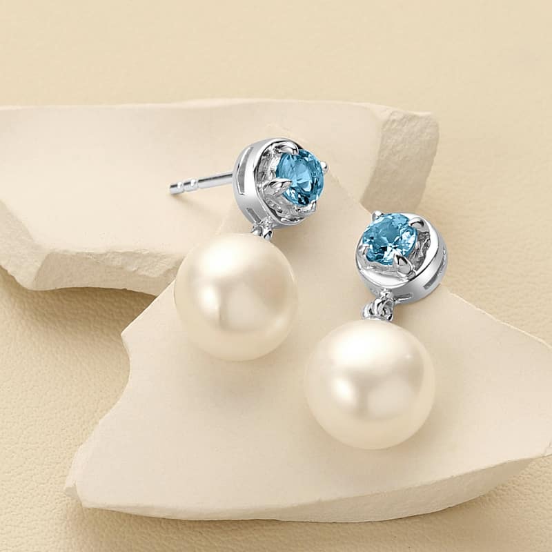 Freshwater Pearl and Swiss Blue Topaz Birthstone Sterling Silver Drop Earrings