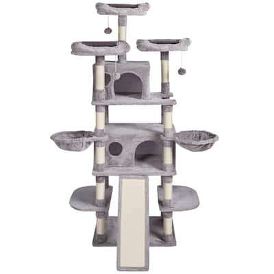Light Grey Multi-Level Cat Tree with 2 Cat Condos, Scratching Posts and Hammocks