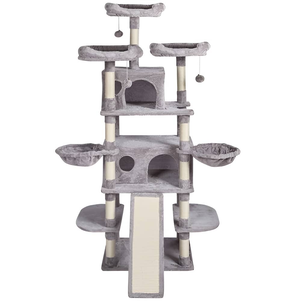 Light Grey Multi-Level Cat Tree with 2 Cat Condos, Scratching Posts and Hammocks
