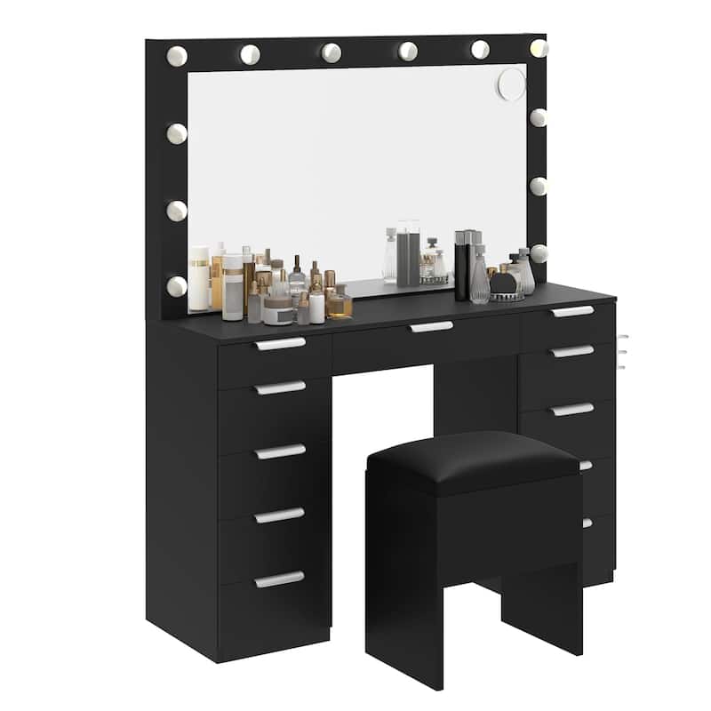 Makeup Vanity Set with Oversized Mirror 3 Color LED Lights Charging Hub 11 Drawers and Comfy Storage Stool for Bedroom
