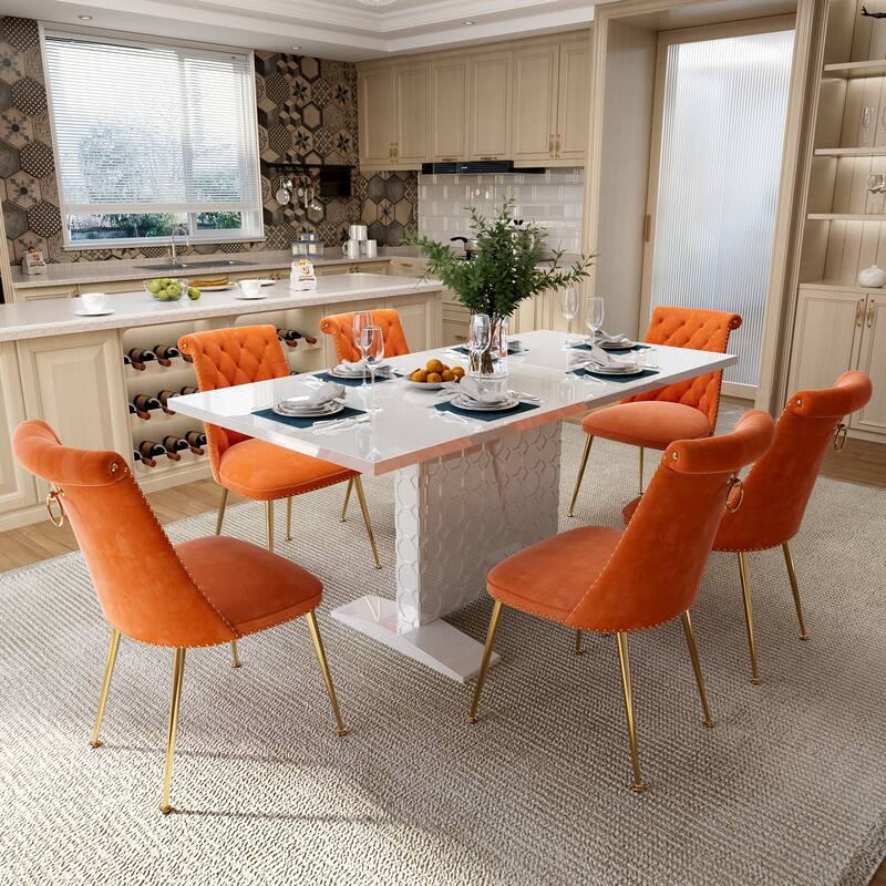 7-Piece Clihome High-gloss Extendable Table Velvet Chair Dining Set - Orange