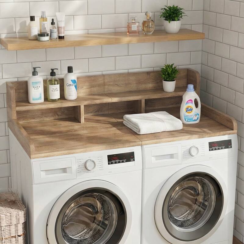 Washer Dryer Countertop with Non-slip Pads, Laundry Wood Shelf Topper with Edge, for Washer and Dryer Laundry Hamper Counter