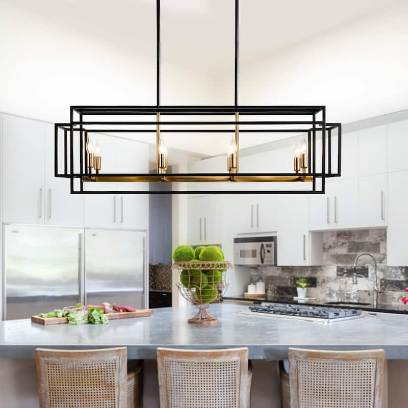 Modern Farmhouse 8-light 42In Rectangle Linear Chandelier for Dining Room - Black&Gold