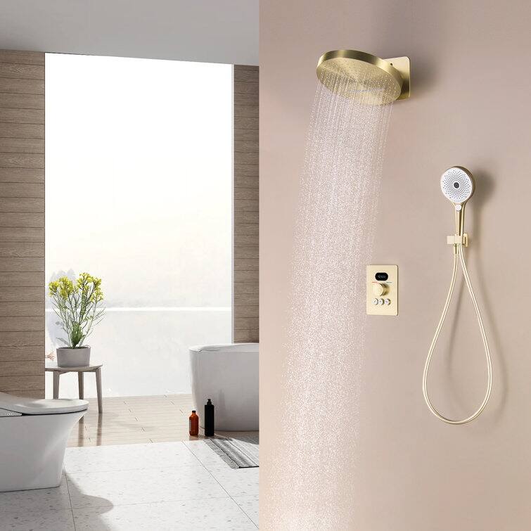 Wall-Mounted Thermostatic 12-in Rainfall and Waterfall Shower System With 3-way handshower - Brushed Gold
