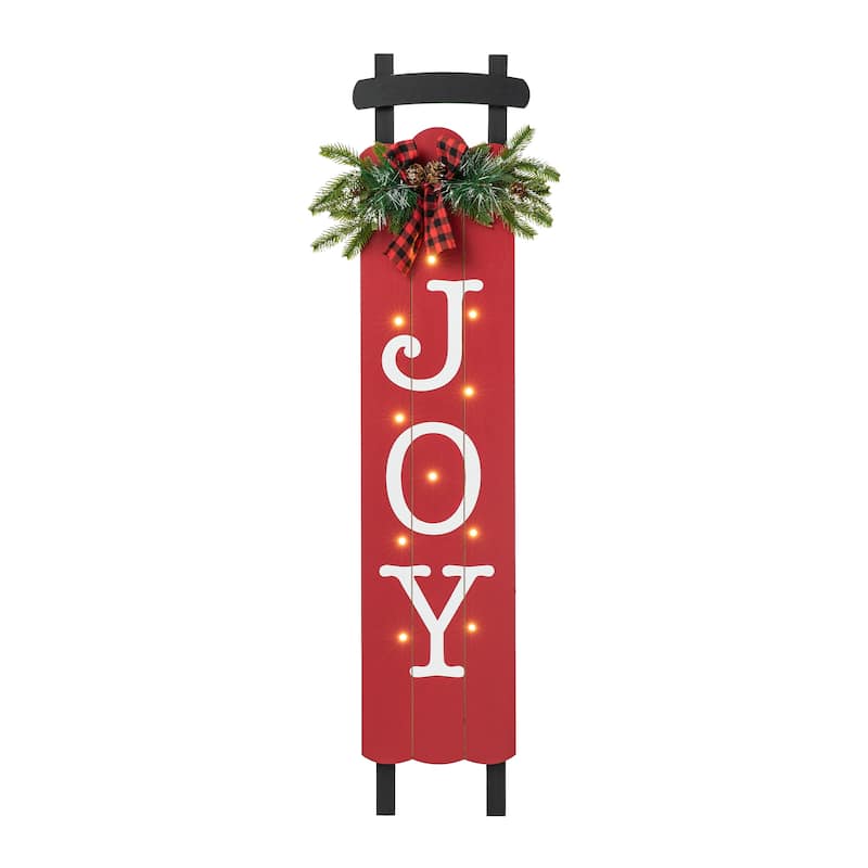Glitzhome 40"H Lighted or Plaid Wooden JOY Porch Sign - Red - 40"H with LED - LED Lights/Porch Sign/Christmas Porch Sign