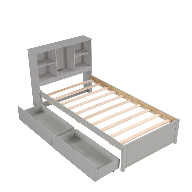 Modern Twin Size Bed Frame with USB Port, Bookcase Headboard, and 2 Drawers in Grey