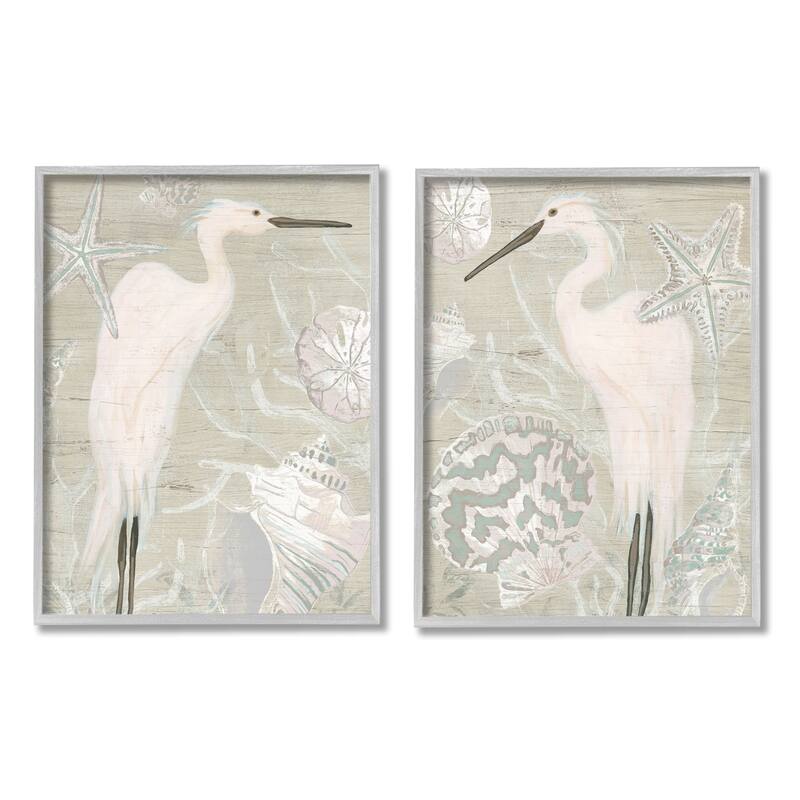 Stupell White Heron Nautical Seashells Rustic Starfish Wildlife 2 Piece Framed Wall Art, Design by June Erica Vess - Beige - 11 x 14 - Grey