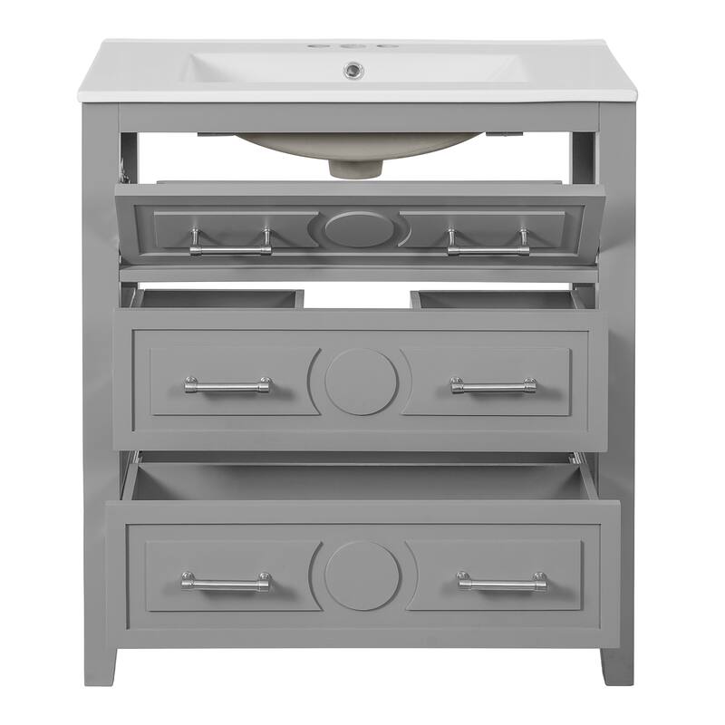 60"Bathroom Vanity with Ceramic Sink Combo, Free Standing Single Vanity Set with 3 Drawers, Wood Frame Bathroom Storage Cabinet