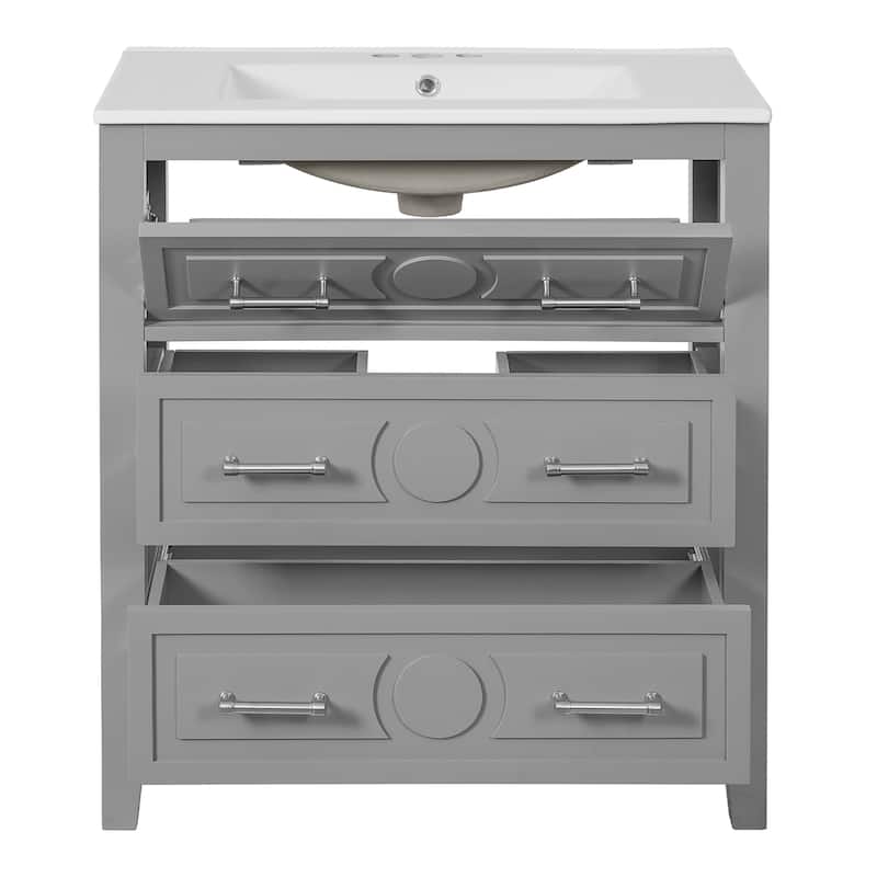Roomfitters 30 Inch Bathroom Vanity with Ceramic Sink Combo, Freestanding Solid Wood Frame Storage Cabinet with 3 Drawers