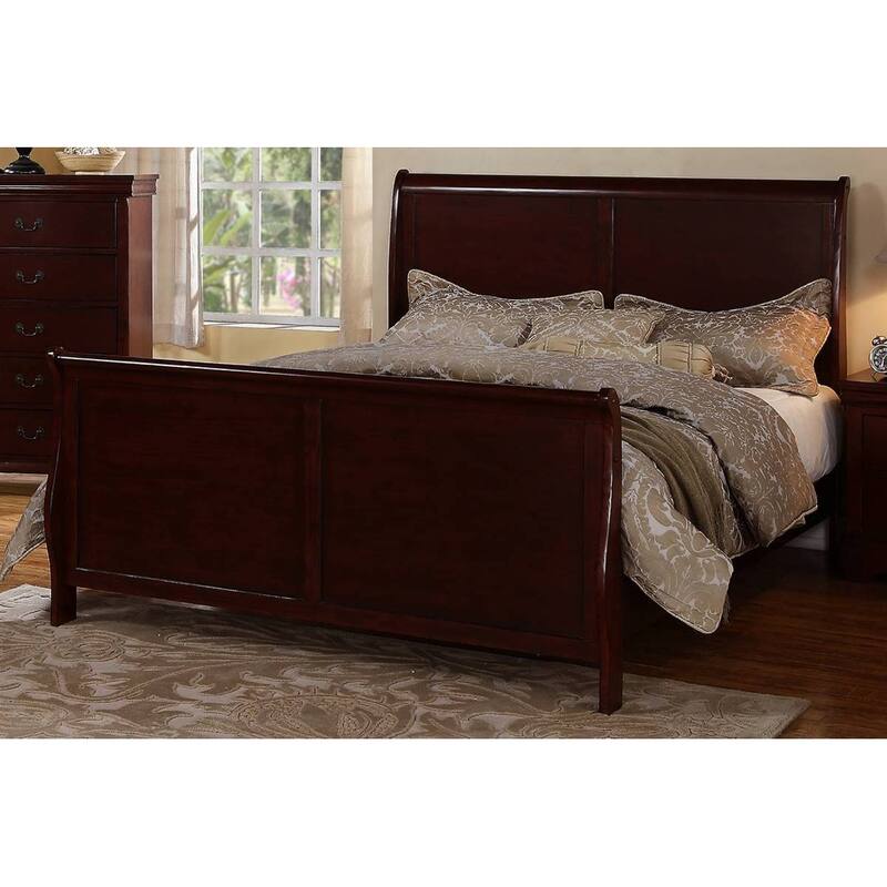 Queen Size Sleigh Design Bedframe in Dark Cherry, Contemporary Style