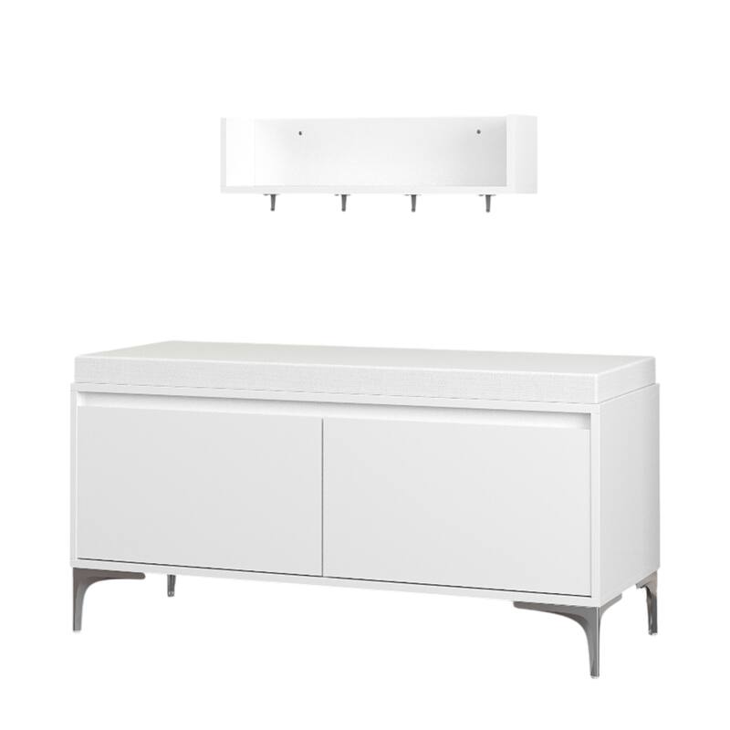 Wall-Mounted Entryway Shelf with Hooks and Storage Bench Set, Modern White Shoe Cabinet with Cushion and Closed Storage