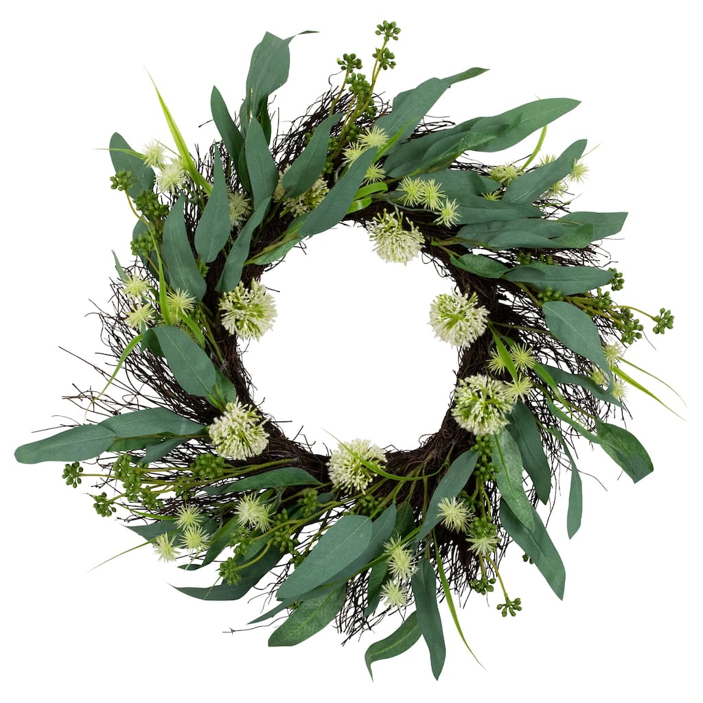 Eucalyptus and Sweet Gum Flowers Twig Spring Wreath - 24" - Green and White
