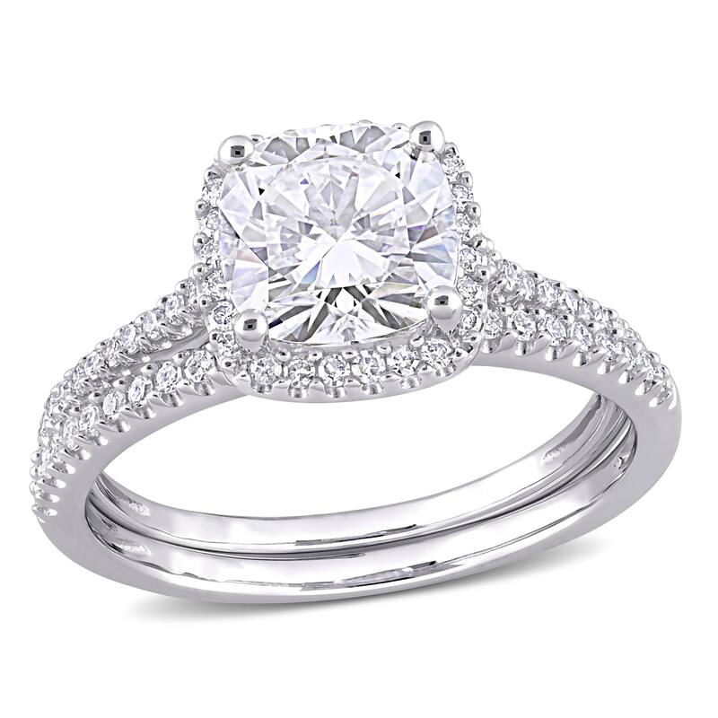 2ct TGW Cushion-Cut Moissanite and 1/3ct TDW Diamond Bridal Ring Set in 14k White Gold by Miadora