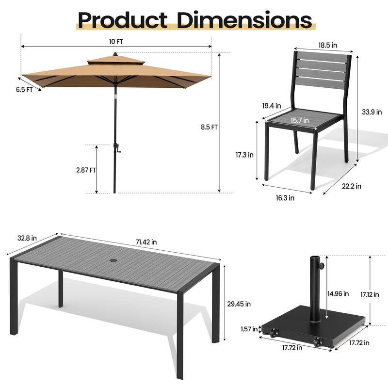 Set of 9 Outdoor Patio Dining Set WoodLike Aluminum Umbrella Hole Table with Stackable Chairs, Double Top Market Umbrella Set