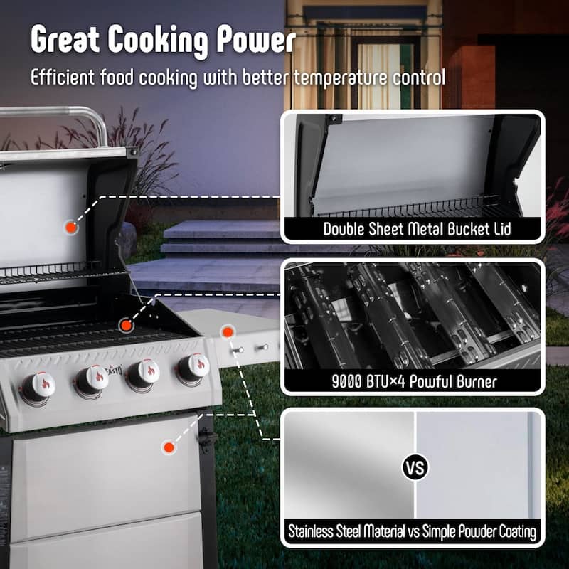 Feasto 4-Burner Propane Gas Grill with 1 Side Burner and Porcelain-Enameled Grates for Patio Garden Barbecue,48000 BTU, Silver