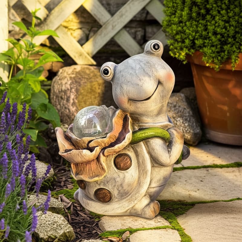 Polyresin Garden Statuary Blushing Turtle Solar Flower - 10" Gray
