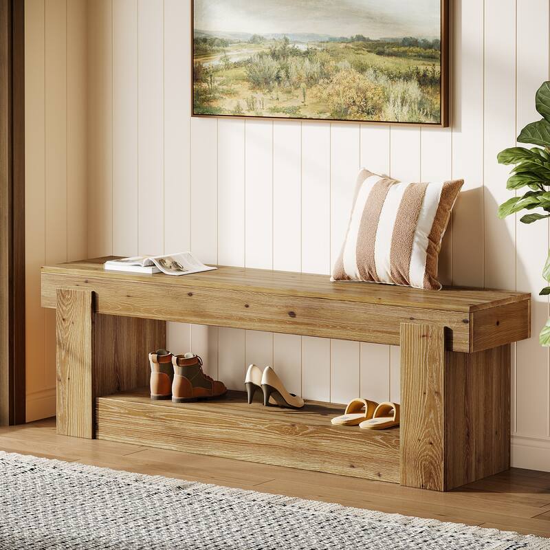 63 Inch Solid Wood Entryway Bench with Storage Shelves, 2-Tier Shoe Rack Bench, Farmhouse Storage Bench For Bedroom End of Bed - Rustic Brown