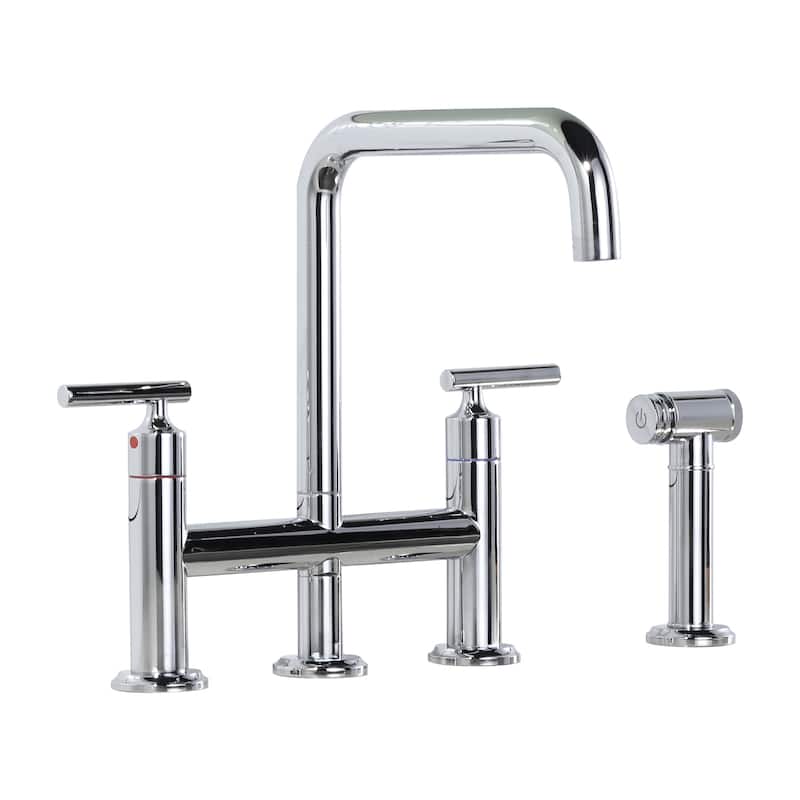 WOWOW Double Handle Bridge Kitchen Faucet with Side Sprayer - Polished Chrome