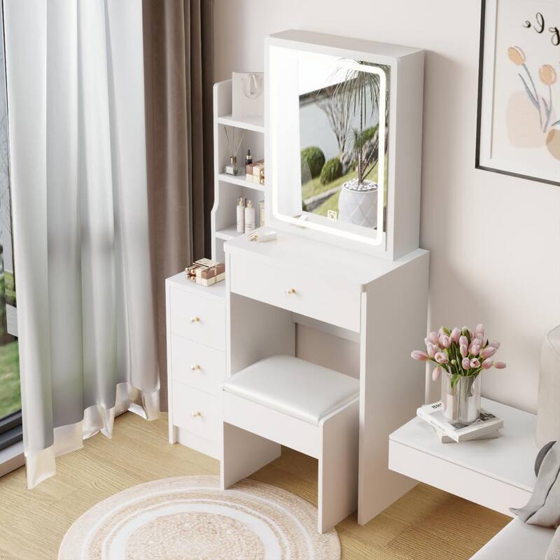 29.2" Small Size Left Bedside Cabinet Vanity Table + Cushioned Stool