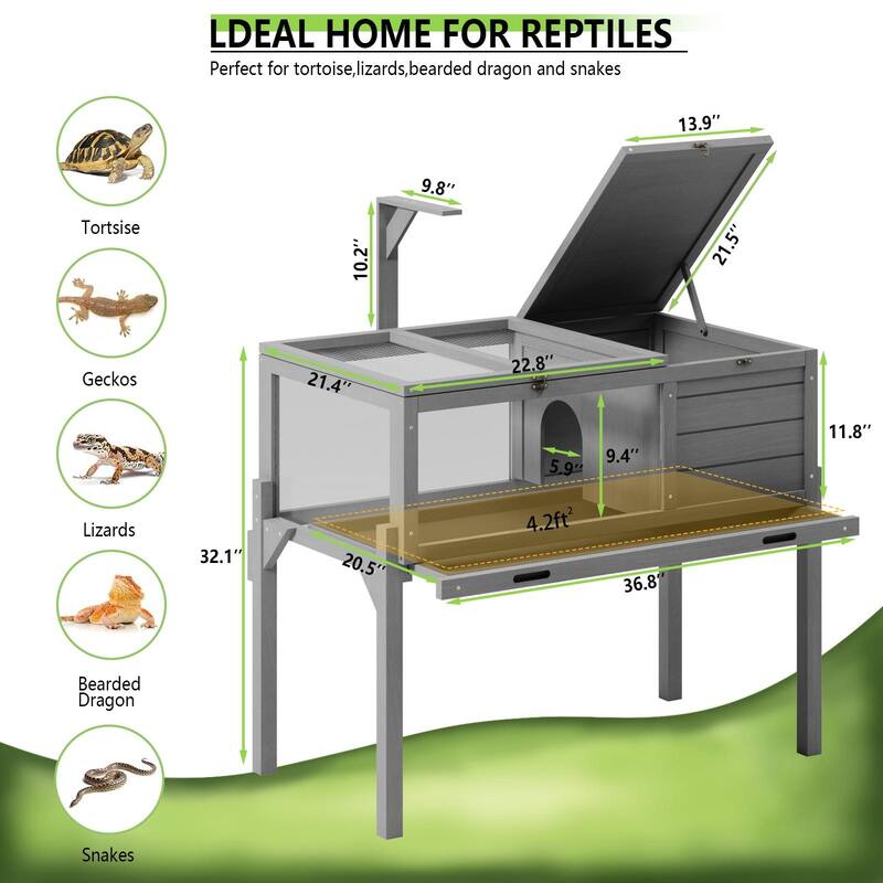 BOSSIN Tortoise Habitat with Detachable Legs, Wooden Tortoise House Reptile Cage for Small Animals with Lamp Holder