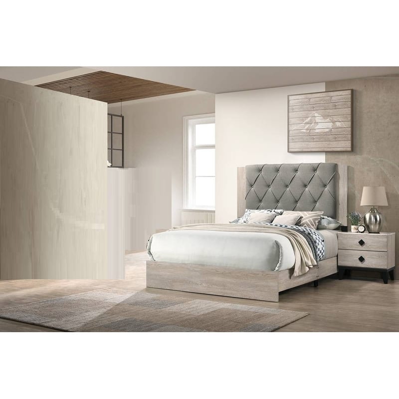 Modern Style 3pc Bed 2x Nightstand Set Diamond Knobs Handles Tufted Headboard Cream Finish Bedroom Furniture