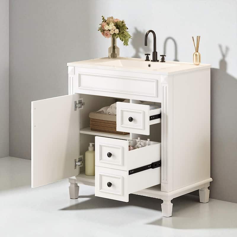 30" Bathroom Vanity with Ceramic Sink Combo, Modern Small Bathroom Storage Cabinet with Drawers & Adjustable Shelf