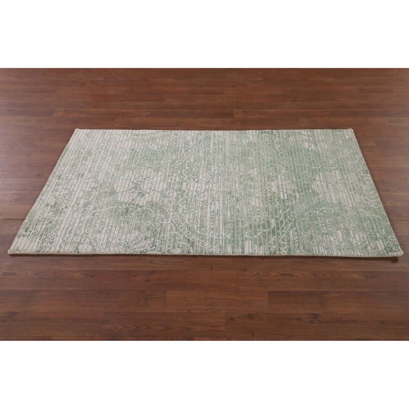Striped Green Modern Abstract Accent Rug Handmade Wool Carpet - 2'8"x 4'9"