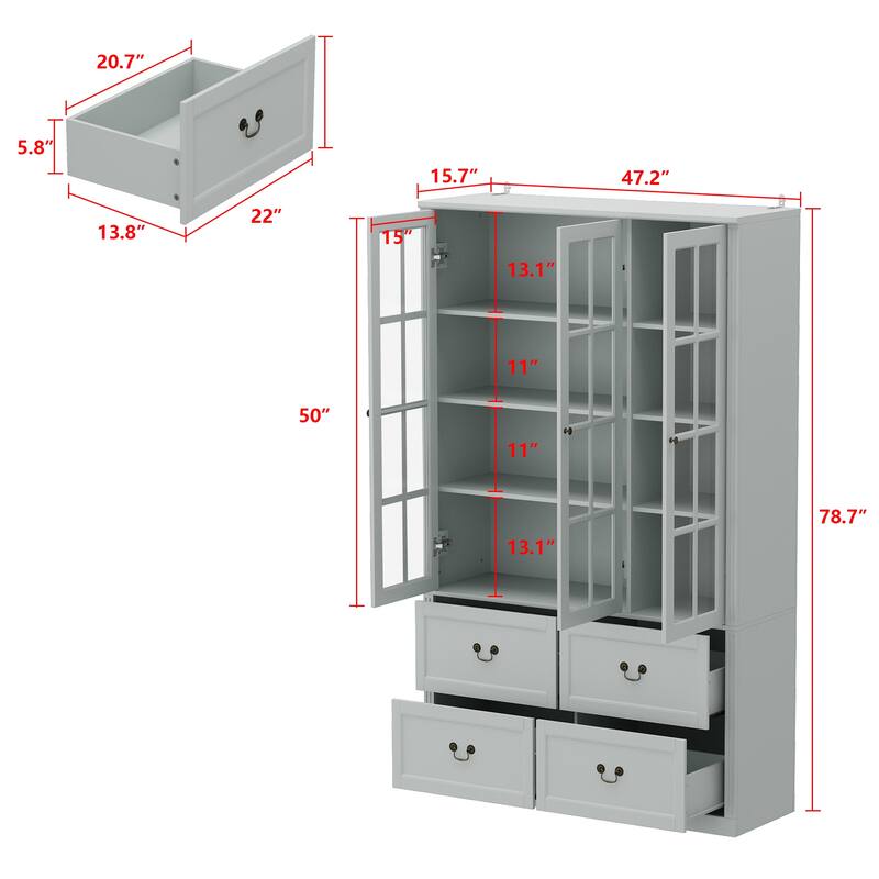 China Cabinet Tempered Glass Doors Storage Cabinet White Tall Bookcase