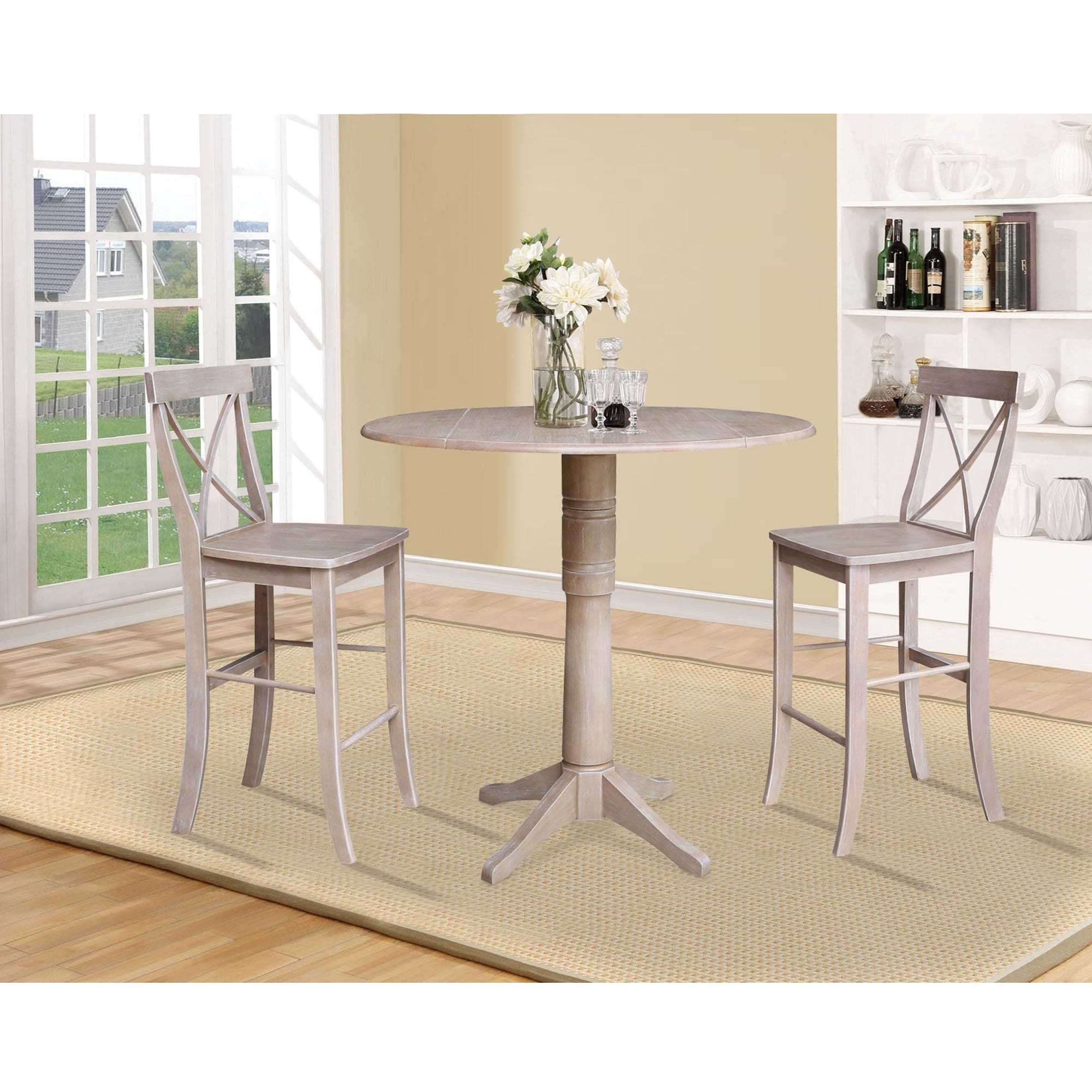 42 in. Round Dual Drop Leaf Bar Height Dining Table with 2 X-back Stools - 3 Piece Set