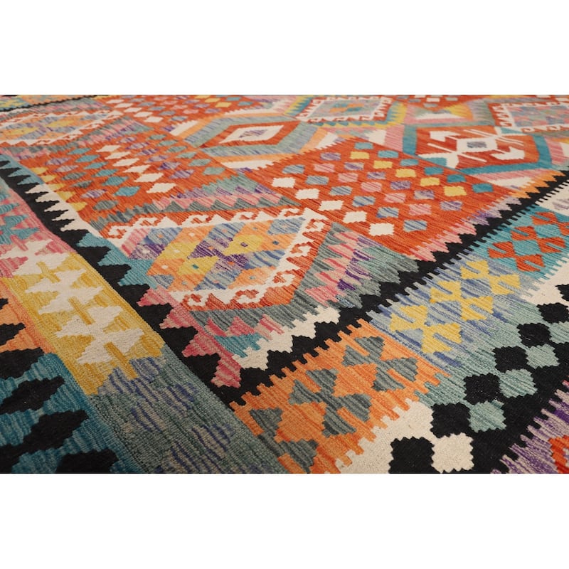 Geometric Kilim Oriental Area Rug Flatweave Orange Wool Carpet - 8'0" x 11'5"