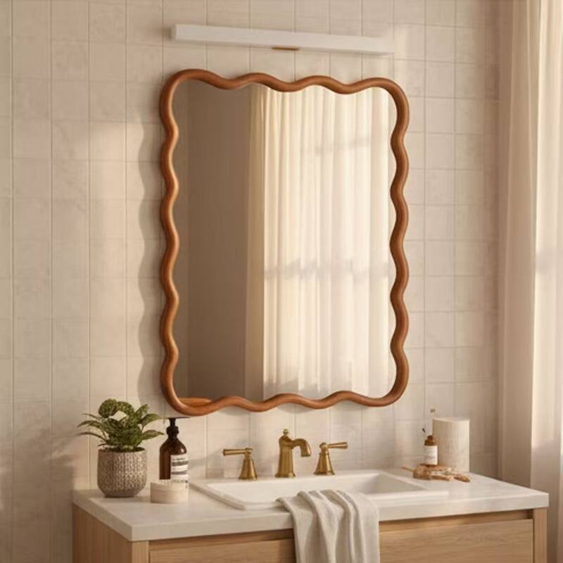 Wavy Rectangle Solid Wood Frame Decorative Mirror - Antique Brown