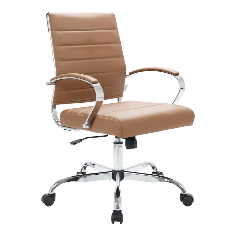 Benmar Leather Ribbed Office Chair with Chrome Frame, Adjustable Height, Tilt Lock, 360° Swivel, and Smooth Rolling Casters - Brown