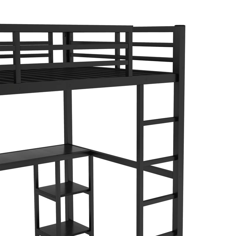 Full Size Metal Loft Bed with Wardrobe, Desk & Storage Shelves - Space Saving Black Frame