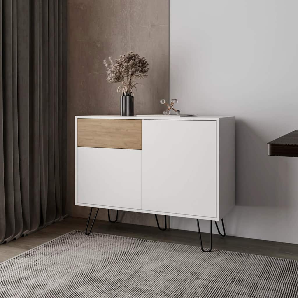 White and Natural Oak Sideboard with Hairpin Legs