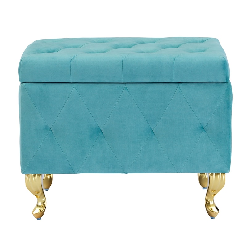 Button-tufted Storage Footrest Bench, light blue