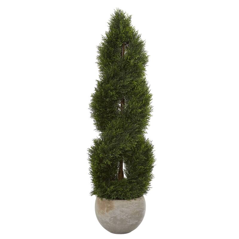 4ft Double Pond Cypress Spiral Artificial Tree in Sand Planter with UV Resistant Lifelike Green Foliage for Entryway