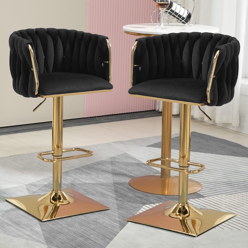 Velvet Upholstered Swivel Adjustable Height Bar Stools With Metal Footrest（set of 2） - Black