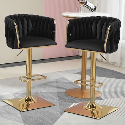 Velvet Upholstered Swivel Adjustable Height Bar Stools With Metal Footrest（set of 2）
