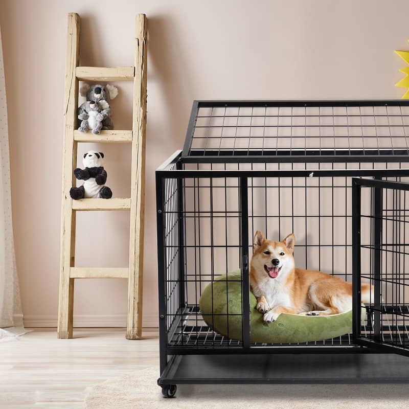 Heavy Duty Pet Playpen for Training Indoor Outdoor with Plastic Tray, Double Doors & Secure Lock