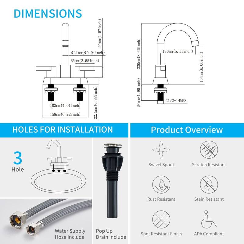 Bathroom Faucet 2 Handle 4 Inch Centerset Bathroom Sink Faucets 3 Hole with Pop Up Drain and Water Supply Lines, Matte Black