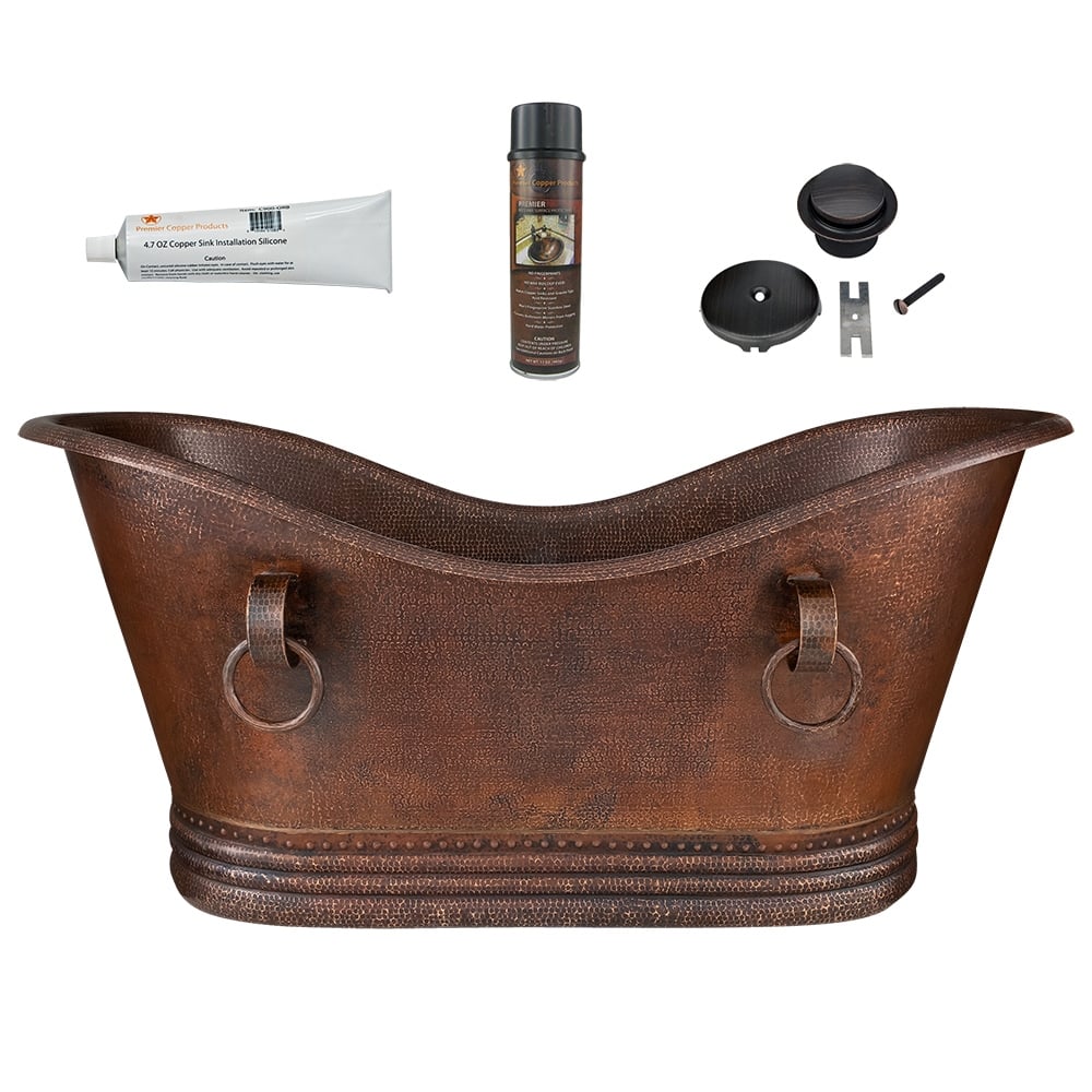 67" Hammered Copper Double Slipper Bathtub With Rings and Drain Package