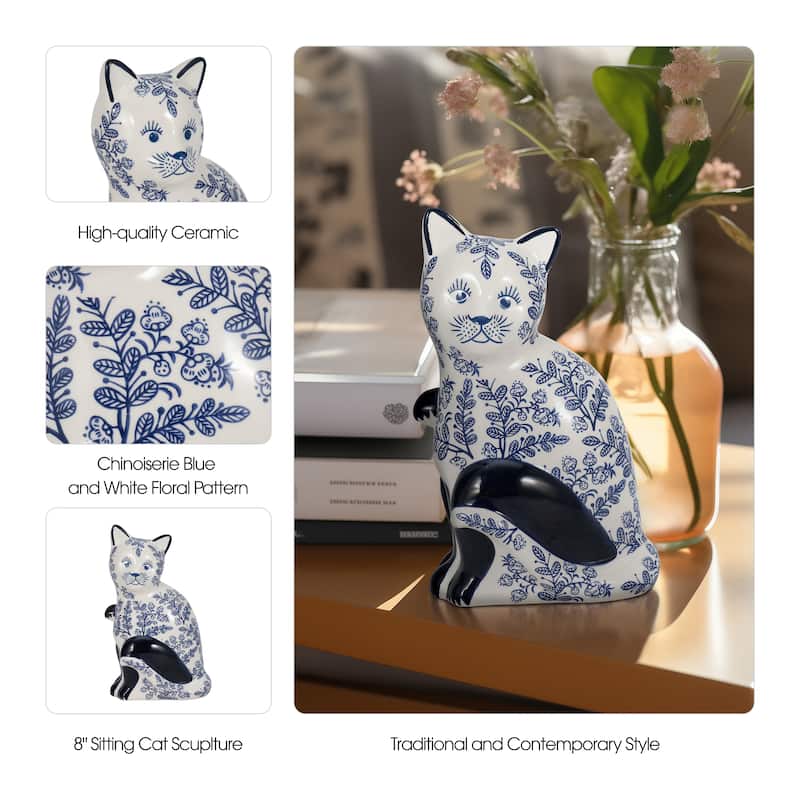 Ceramic Cat Sculpture Contemporary Vintage Style Chinoiserie Blue and White Floral Cat Statue Cat Lover