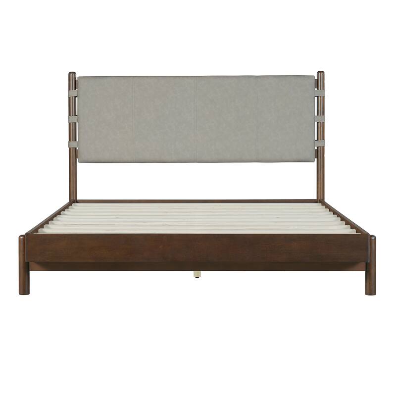 Queen Size Rubber Wood Platform Bed with Mid-Century Headboard and 500lb Capacity