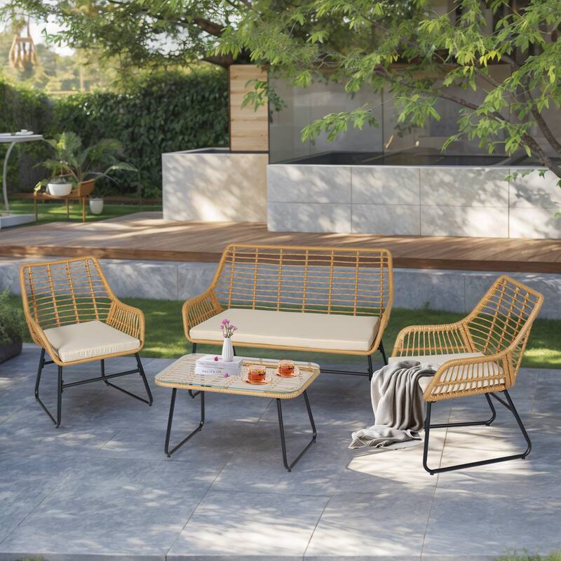 4 Piece Patio Furniture Set, Outdoor Wicker Conversation Set with Loveseat,Chairs and Table - 47.2" W x 24.4" D x 31.9" H