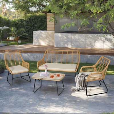 4 Piece Patio Furniture Set, Outdoor Wicker Conversation Set with Loveseat,Chairs and Table - 47.2" W x 24.4" D x 31.9" H