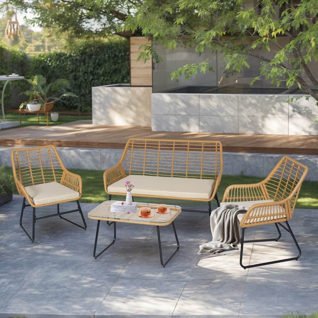 4 Piece Patio Furniture Set, Outdoor Wicker Conversation Set with Loveseat,Chairs and Table - 47.2" W x 24.4" D x 31.9" H