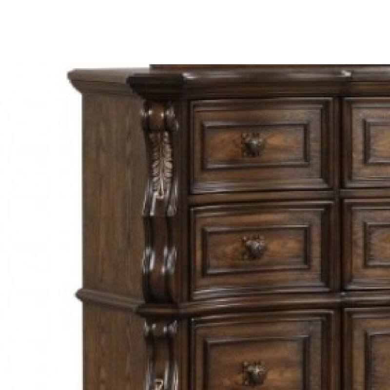 Leova Wide Dresser, 9 Drawers, Ornate Molding, Brown Asian Hardwood